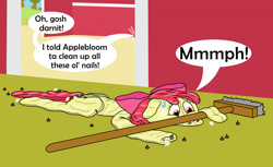 Size: 1280x781 | Tagged: safe, artist:wolvinof, derpibooru import, apple bloom, applejack, earth pony, inflatable pony, series:deflation is magic, air nozzle, apple bloom's bow, barn, bow, broom, deflating, deflation, hair bow, helpless, inflatable, muffled words, nails, offscreen character, pool toy, puncture, stuck, sweat, sweatdrop, sweet apple acres, worried