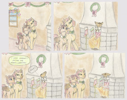 Size: 1902x1492 | Tagged: safe, artist:cindertale, derpibooru import, oc, oc only, oc:cinder, deer, pegasus, unicorn, christmas, christmas stocking, christmas wreath, deer oc, dialogue, eyes closed, female, fireplace, holiday, horn, male, mare, nuzzling, pegasus oc, traditional art, unicorn oc, wings, wreath