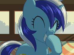 Size: 800x600 | Tagged: safe, artist:rangelost, derpibooru import, minuette, pony, unicorn, cyoa:d20 pony, eyes closed, female, indoors, laughing, laughingmares.jpg, mare, smiling, solo, window