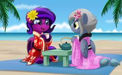 Size: 800x491 | Tagged: safe, artist:jhayarr23, derpibooru import, oc, oc only, bat pony, pegasus, pony, beach, clothes, female, flower, kettle, kimono (clothing), mare