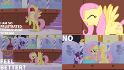 Size: 1280x720 | Tagged: safe, derpibooru import, edit, edited screencap, editor:quoterific, screencap, fluttershy, twilight sparkle, unicorn twilight, pegasus, pony, unicorn, green isn't your color, eyes closed, female, frustrated, mare, nose in the air, open mouth, volumetric mouth