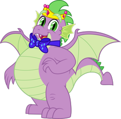 Size: 5000x4920 | Tagged: safe, artist:aleximusprime, artist:n0kkun, derpibooru import, edit, spike, dragon, flurry heart's story, absurd resolution, bowtie, bowties are cool, crown, fat, fat spike, jewelry, looking at you, male, older, older spike, open mouth, regalia, simple background, solo, transparent background, vector, winged spike