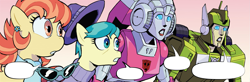 Size: 1889x623 | Tagged: safe, artist:caseycoller, derpibooru import, edit, idw, aunt holiday, auntie lofty, earth pony, pegasus, spoiler:comic, spoiler:the magic of cybertron01, arcee, autobot, female, greenlight, hat, lesbian, meme template, open mouth, reaction image, sunglasses, the magic of cybertron, transformers, wide eyes