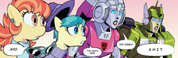 Size: 1889x623 | Tagged: safe, artist:caseycoller, artist:freehdmcgee, derpibooru import, edit, idw, aunt holiday, auntie lofty, earth pony, pegasus, spoiler:comic, arcee, autobot, ayo the pizza here, female, greenlight, hat, lesbian, meme, open mouth, reaction image, shitposting, sunglasses, the magic of cybertron, transformers, vulgar, wide eyes