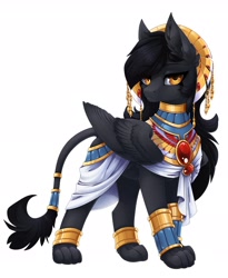 Size: 2480x3030 | Tagged: safe, artist:arctic-fox, derpibooru import, oc, oc only, sphinx, bracelet, clothes, headdress, jewelry, quadrupedal, ring, simple background, solo, sphinx oc, tail, tail ring, white background, zoomorphic