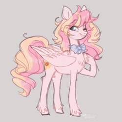 Size: 2048x2048 | Tagged: safe, artist:frisitea cakes, derpibooru import, oc, oc only, oc:ninny, pegasus, pony, bowtie, female, gray background, heterochromia, looking at you, mare, one eye closed, simple background, solo, unshorn fetlocks