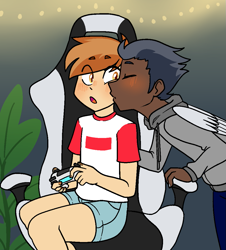 Size: 991x1098 | Tagged: safe, artist:/d/non, derpibooru import, button mash, rumble, human, blushing, chair, clothes, commission, controller, dark skin, eyes closed, gaming chair, gay, hoodie, humanized, jeans, kiss on the cheek, kissing, male, older, older button mash, older rumble, open mouth, pants, patreon, patreon reward, plant, playstation, playstation 5, ps5, rumblemash, shipping, shorts, winged humanization, wings