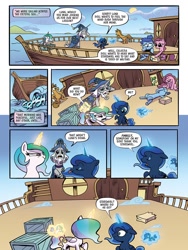 Size: 768x1024 | Tagged: safe, artist:akeemroberts, derpibooru import, idw, princess celestia, princess luna, star swirl the bearded, alicorn, spoiler:comic, spoiler:comic98, boat, cewestia, female, filly, flashback, male, playing with toys, seasickness, season 10, sticking tongue out, woona, younger