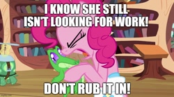 Size: 888x499 | Tagged: safe, derpibooru import, edit, edited screencap, screencap, gummy, pinkie pie, tank, alligator, earth pony, pony, tortoise, just for sidekicks, bag, can you spare a dime?, caption, eyes closed, female, golden oaks library, image macro, imgflip, male, meme, open mouth, saddle bag, spongebob squarepants, text, tourist, trio, yelling