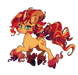 Size: 640x611 | Tagged: safe, artist:nkomaeda, derpibooru import, sunset shimmer, pony, unicorn, alternate mane, curved horn, dock, female, horn, looking at you, mare, smiling, solo, unshorn fetlocks