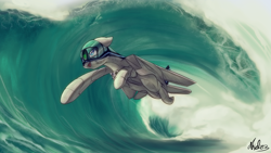 Size: 1920x1080 | Tagged: safe, artist:andromailus, oc, oc only, original species, plane pony, pony, f-14 tomcat, female, flying, ocean, open mouth, plane, signature, solo, wave