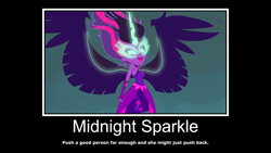 Size: 2880x1620 | Tagged: safe, artist:adan druego, screencap, midnight sparkle, sci-twi, twilight sparkle, equestria girls, friendship games, black background, collar, demotivational poster, dress, evening gloves, glowing eyes, glowing horn, horn, laughing, meme, simple background, skirt, strapless dress, text, villainess, white text, wings