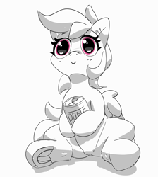 Size: 2870x3197 | Tagged: safe, artist:pabbley, derpibooru import, rainbow dash, pegasus, pony, big eyes, black and white, c:, ear fluff, ears, female, floppy ears, frog (hoof), grayscale, high res, holding, hoof hold, mare, monochrome, neo noir, partial color, simple background, sitting, smiling, soda, soda can, solo, thousand yard stare, underhoof, white background, wide eyes