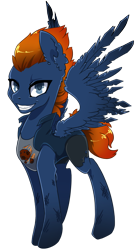 Size: 1473x2672 | Tagged: safe, artist:arctic-fox, oc, oc only, oc:meteoryte, pegasus, antagonist, clothes, evil grin, grin, looking at you, scratches, simple background, smiling, solo, spread wings, supervillain, the sinister six, torn clothes, transparent background