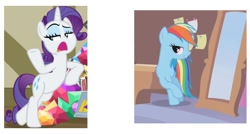 Size: 732x392 | Tagged: safe, screencap, rainbow dash, rarity, pegasus, pony, unicorn, dragon dropped, season 9, suited for success, spoiler:s09, bipedal, bipedal leaning, comparison, cropped, leaning