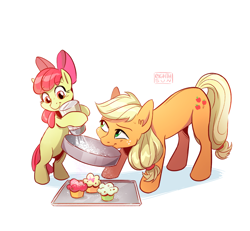 Size: 900x832 | Tagged: safe, artist:eighthsun, edit, apple bloom, applejack, earth pony, pony, anonymous editor, baking, bow, cupcake, duo, female, filly, food, hair bow, hatless, mare, missing accessory, mouth hold, siblings, simple background, sisters, smiling, white background