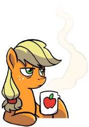 Size: 337x478 | Tagged: safe, artist:tonyfleecs, edit, idw, applejack, earth pony, pony, spoiler:comic, spoiler:comic87, apple, cropped, food, hatless, hoof hold, lidded eyes, missing accessory, mug, reaction image, simple background, solo, stare, steam, tired, transparent background, unamused