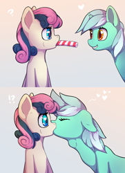 Size: 2360x3263 | Tagged: safe, artist:senaelik, edit, bon bon, lyra heartstrings, sweetie drops, earth pony, pony, unicorn, /mlp/, adorabon, anonymous editor, blowjob, candy, candy cane, comic, cute, deepthroat, drawthread, eating, eyes closed, female, food, heart, heart eyes, kissing, lesbian, lyrabetes, lyrabon, oral, ponified, request, requested art, shipping, stealing, surprise kiss, surprised, throat bulge, wingding eyes
