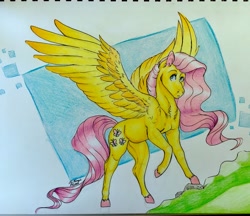 Size: 3459x2994 | Tagged: safe, artist:artnstuff101, derpibooru import, fluttershy, pegasus, pony, colored hooves, female, mare, solo, spread wings, traditional art, watercolor painting, wings