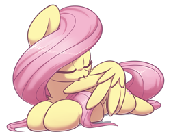 Size: 1349x1098 | Tagged: safe, artist:acersiii, derpibooru import, fluttershy, pegasus, pony, behaving like a bird, chest fluff, cute, eyes closed, female, grooming, lying down, mare, preening, prone, shyabetes, simple background, solo, transparent background
