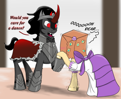Size: 1950x1585 | Tagged: safe, artist:chopsticks, derpibooru import, king sombra, oc, oc:paper bag, earth pony, unicorn, blushing, bowtie, cape, chest fluff, clothes, curved horn, cute, dialogue, dress, face on a bag, fangs, female, flower, flower in hair, horn, male, mare, ocbetes, oh dear, raised hoof, raised leg, shivering, stallion, sticky note, sweat, sweating profusely, text, unshorn fetlocks