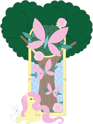 Size: 2116x2835 | Tagged: safe, artist:beadedwolf22, derpibooru import, angel bunny, fluttershy, butterfly, pegasus, pony, rabbit, animal, duo, female, flower, lying down, male, mare, prone, simple background, stained glass, transparent background, tree