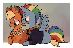 Size: 1280x838 | Tagged: safe, artist:jademoona, derpibooru import, applejack, rainbow dash, earth pony, pegasus, pony, the last problem, appledash, clothes, female, lesbian, older, older applejack, older rainbow dash, shipping