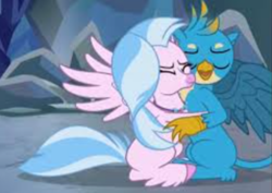 Size: 418x296 | Tagged: safe, screencap, gallus, silverstream, what lies beneath, cave, cropped, cute, diastreamies, duo, eyes closed, gallabetes, gallstream, gif at source, hug, open mouth, shipping, spread wings