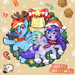 Size: 2362x2362 | Tagged: safe, artist:tingyo, derpibooru import, rainbow dash, oc, pegasus, pony, bell, bell collar, bow, candy, candy cane, canon x oc, christmas, clothes, collar, fake antlers, female, food, hat, holiday, holly, mare, merry christmas, obtrusive watermark, oc needed, pinecone, present, red nosed reindeer, reindeer dash, rudolph dash, santa hat, scarf, smiling, snow, snowflake, snowman, watermark, wreath