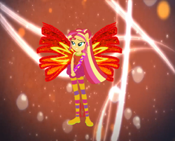 Size: 1009x811 | Tagged: safe, artist:selenaede, artist:user15432, derpibooru import, sunset shimmer, human, equestria girls, alternate hairstyle, barely eqg related, base used, bubble, clothes, colored wings, crossover, fairy, fairy wings, fairyized, fins, gradient wings, hairpin, hairstyle, hands together, long hair, ponied up, ponytail, rainbow s.r.l, red wings, shoes, sirenix, sparkly background, starfish, wings, winx, winx club, winxified