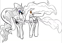 Size: 1280x887 | Tagged: safe, artist:dinexistente, daybreaker, nightmare moon, alicorn, pony, duo, duo female, female, horn, looking at you, mare, open mouth, raised hoof, raised leg, royal sisters, simple background, sisters, sketch, smiling, spikes, white background, wings