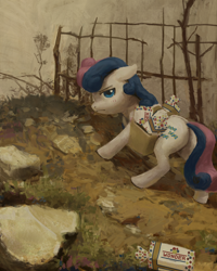 Size: 3236x4044 | Tagged: safe, artist:rhorse, bon bon, sweetie drops, earth pony, pony, art pack:wonderbread pack, bag, fence, looking back, painting, saddle bag, walking, wonder bread