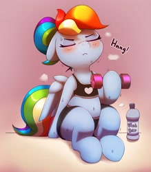 Size: 2752x3138 | Tagged: safe, artist:pabbley, rainbow dash, pegasus, pony, belly button, blushing, chubby, clothes, dumbbell (object), ears, exercise, eyes closed, female, floppy ears, lifting, mare, plump, raised hoof, raised leg, shorts, sitting, solo, sports bra, sports shorts, steam, sweat, sweater, text, water bottle, weight lifting, weights