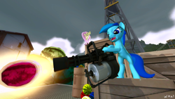 Size: 1920x1080 | Tagged: safe, artist:wapamario63, fluttershy, oc, oc:frost bright, earth pony, pony, 3d, box, female, food, gmod, mare, melon, minigun, outdoors, shooting, small companion horse, team fortress 2, weapon