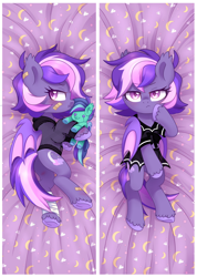 Size: 2600x3644 | Tagged: safe, artist:hawthornss, edit, editor:unofficial edits thread, oc, oc only, oc:midnight mist, oc:sugar spirits, bat pony, pony, bandage, body pillow, body pillow design, butt, clothes, fluffy, grumpy, looking at you, unshorn fetlocks