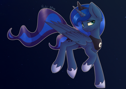 Size: 4093x2894 | Tagged: safe, artist:renderpoint, artist:seductive pony, twibooru import, princess luna, alicorn, pony, collaboration, crown, female, gradient background, jewelry, looking sideways, mare, night, regalia, signature, solo, starry background, white outline