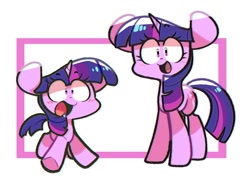 Size: 1209x936 | Tagged: safe, artist:sourspot, derpibooru import, twilight sparkle, unicorn twilight, pony, unicorn, blushing, cute, duality, female, filly, filly twilight sparkle, looking at you, mare, open mouth, self ponidox, time paradox, twiabetes, younger