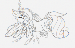 Size: 1761x1126 | Tagged: safe, artist:dreamyskies, derpibooru import, oc, oc only, oc:dreamer skies, pegasus, pony, april fools 2021, april fools joke, ear fluff, ears, event, eyebrows visible through hair, eyes closed, feather, floppy ears, grayscale, grooming, happy, lying down, male, monochrome, pegasus oc, preening, quick sketch, rough sketch, simple background, sketch, smiling, solo, spread wings, stallion, white background, wings, wip