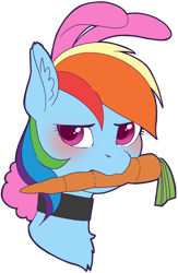 Size: 1176x1806 | Tagged: safe, artist:taytinabelle, derpibooru import, part of a set, rainbow dash, pegasus, pony, animal costume, blushing, bunny costume, bunny ears, bust, carrot, choker, clothes, collar, costume, cute, ear fluff, ears, female, food, looking at you, mare, mouth hold, rainbow dash always dresses in style, simple background, solo, transparent background, tsunderainbow, tsundere