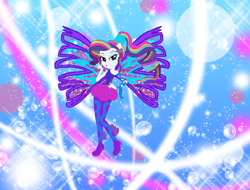 Size: 1168x888 | Tagged: safe, artist:selenaede, artist:user15432, derpibooru import, rarity, human, equestria girls, alternate hairstyle, barely eqg related, base used, bubble, clothes, colored wings, crossover, fairy, fairy wings, fairyized, fins, flower, flower in hair, gradient wings, hairstyle, hand on hip, long hair, ponied up, ponytail, purple wings, rainbow s.r.l, shoes, sirenix, sparkly background, wings, winx, winx club, winxified