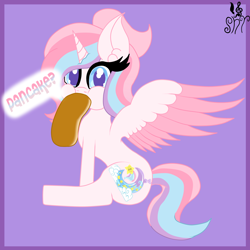 Size: 2000x2000 | Tagged: safe, artist:shylista's art, derpibooru import, oc, oc:lullaby star, alicorn, adorable face, alicorn oc, big ears, cute, ears, female, food, horn, pancakes, sitting, solo, solo female, wings