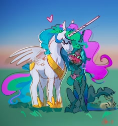 Size: 3236x3441 | Tagged: safe, artist:alumx, derpibooru import, princess celestia, queen chrysalis, alicorn, changeling, changeling queen, pony, blushing, blushing profusely, chryslestia, dork, dorkalis, female, heart, kiss on the cheek, kissing, lesbian, mare, shipping, sweat