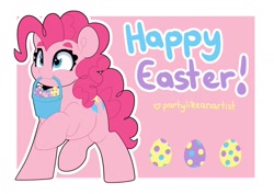 Size: 1200x848 | Tagged: safe, artist:partylikeanartist, derpibooru import, pinkie pie, earth pony, pony, basket, easter, easter basket, easter egg, eyebrows, holiday, solo, text