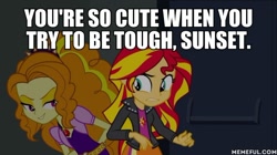 Size: 600x337 | Tagged: safe, derpibooru import, edit, edited screencap, screencap, adagio dazzle, sunset shimmer, equestria girls, rainbow rocks, caption, female, image macro, lesbian, shipping, sunsagio, text