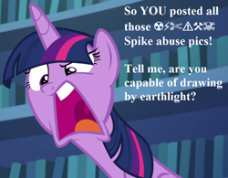 Size: 924x720 | Tagged: safe, derpibooru import, edit, edited screencap, screencap, twilight sparkle, twilight sparkle (alicorn), alicorn, every little thing she does, angry, book, censored vulgarity, cropped, faic, grawlixes, library, long neck, offscreen character, solo, speech, talking