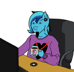 Size: 511x500 | Tagged: safe, artist:djmatinext, derpibooru import, editor:notxweeb, starlight glimmer, oc, oc:blue harmony, anthro, earth pony, human, badly drawn, base used, chair, clothes, coffee, computer, cup, cup holder, drawn on phone, ear piercing, humanized, keyboard, learning to draw, meme, pajamas, photo, piercing, solo, wojak