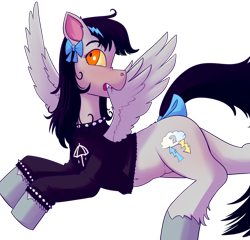 Size: 2000x1916 | Tagged: safe, artist:beth, derpibooru exclusive, derpibooru import, oc, oc only, oc:lightning dee, pegasus, pony, bow, choker, clothes, colored sclera, fangs, female, grooming, homestuck, preening, simple background, spiked choker, spiked wristband, spread wings, sweater, tail bow, transparent background, wings, wristband