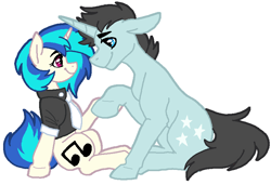 Size: 839x574 | Tagged: safe, artist:vodkamewtwoni, derpibooru import, dj pon-3, neon lights, vinyl scratch, pony, unicorn, clothes, clothes swap, eye contact, female, looking at each other, male, mare, necktie, shipping, shirt, simple background, sitting, smiling, stallion, straight, vinylights, white background