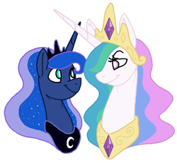 Size: 708x649 | Tagged: safe, artist:vodkamewtwoni, derpibooru import, princess celestia, princess luna, alicorn, pony, bust, duo, horn, horns are touching, jewelry, looking at each other, regalia, simple background, smiling, white background, white pupils
