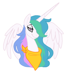 Size: 633x637 | Tagged: safe, artist:vodkamewtwoni, derpibooru import, princess celestia, alicorn, pony, bust, hair over one eye, horn, neckerchief, simple background, smiling, solo, transparent background, white pupils, wings
